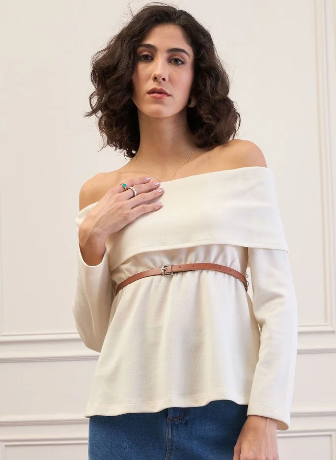 SASSAFRAS Off-White Off-Shoulder Belted Peplum Top for Women