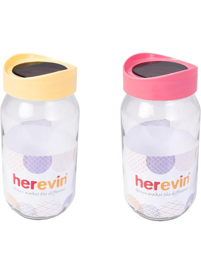 HEREVIN وعاء زجاجي سعة 4 لترات مع غطاء شفاف وغطاء ملون متنوع