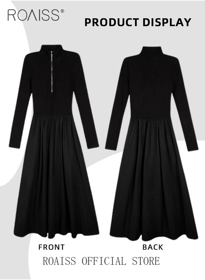 roaiss Zipper Front A-Line Dress for Women Slim Fit Lapel Neck Solid Black Color Minimalist Long Sleeve Dress Ladies Stylish Versatile Waistming Temperament Knitted Dress  - Image 4