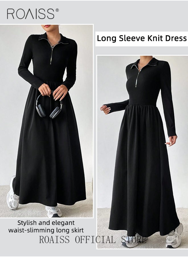 roaiss Zipper Front A-Line Dress for Women Slim Fit Lapel Neck Solid Black Color Minimalist Long Sleeve Dress Ladies Stylish Versatile Waistming Temperament Knitted Dress  - Image 3