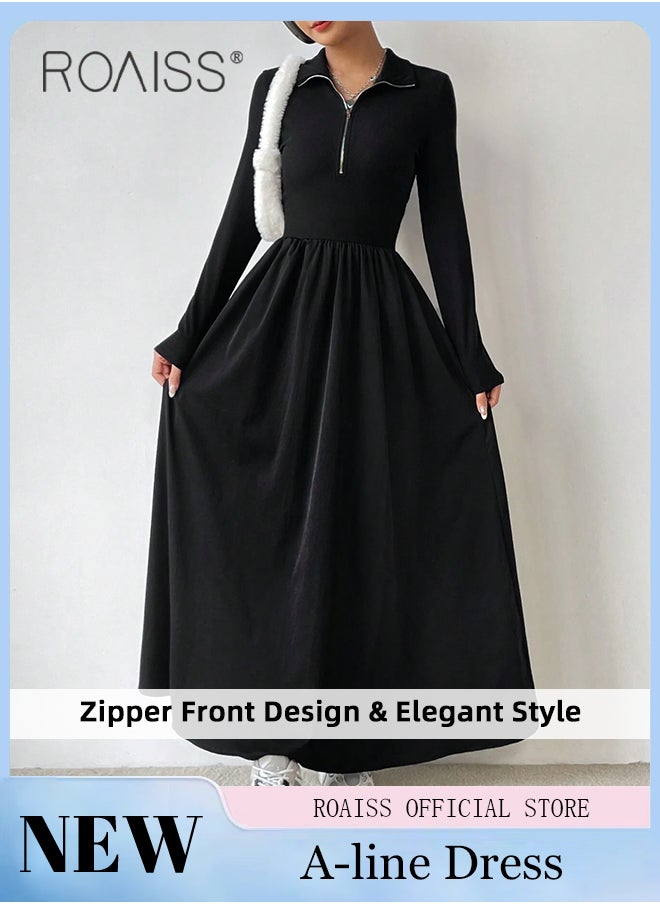 roaiss Zipper Front A-Line Dress for Women Slim Fit Lapel Neck Solid Black Color Minimalist Long Sleeve Dress Ladies Stylish Versatile Waistming Temperament Knitted Dress  - Image 1