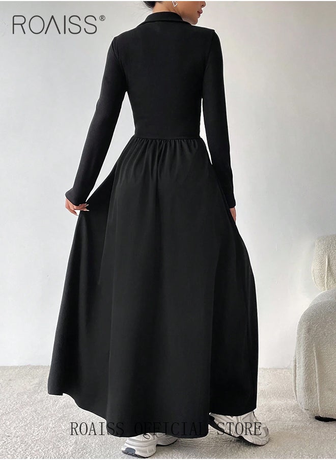 roaiss Zipper Front A-Line Dress for Women Slim Fit Lapel Neck Solid Black Color Minimalist Long Sleeve Dress Ladies Stylish Versatile Waistming Temperament Knitted Dress  - Image 2