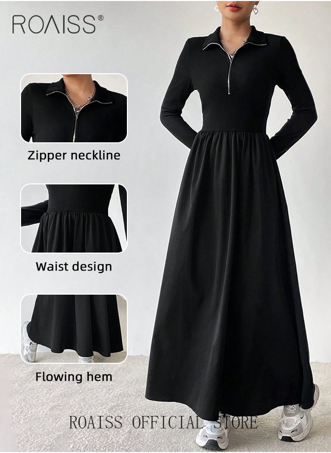 roaiss Zipper Front A-Line Dress for Women Slim Fit Lapel Neck Solid Black Color Minimalist Long Sleeve Dress Ladies Stylish Versatile Waistming Temperament Knitted Dress  - Image 5