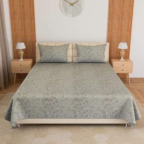 LINENWALAS 100% Cotton Twill Double Size Bedsheet with 2 Pillow Covers | Soft, Breathable & Floral Printed Bedsheet for Double Bed |300 TC | Wrinkle-Resistant, Fade-Proof (229 x 254 CM, Pista Green) - Image 1