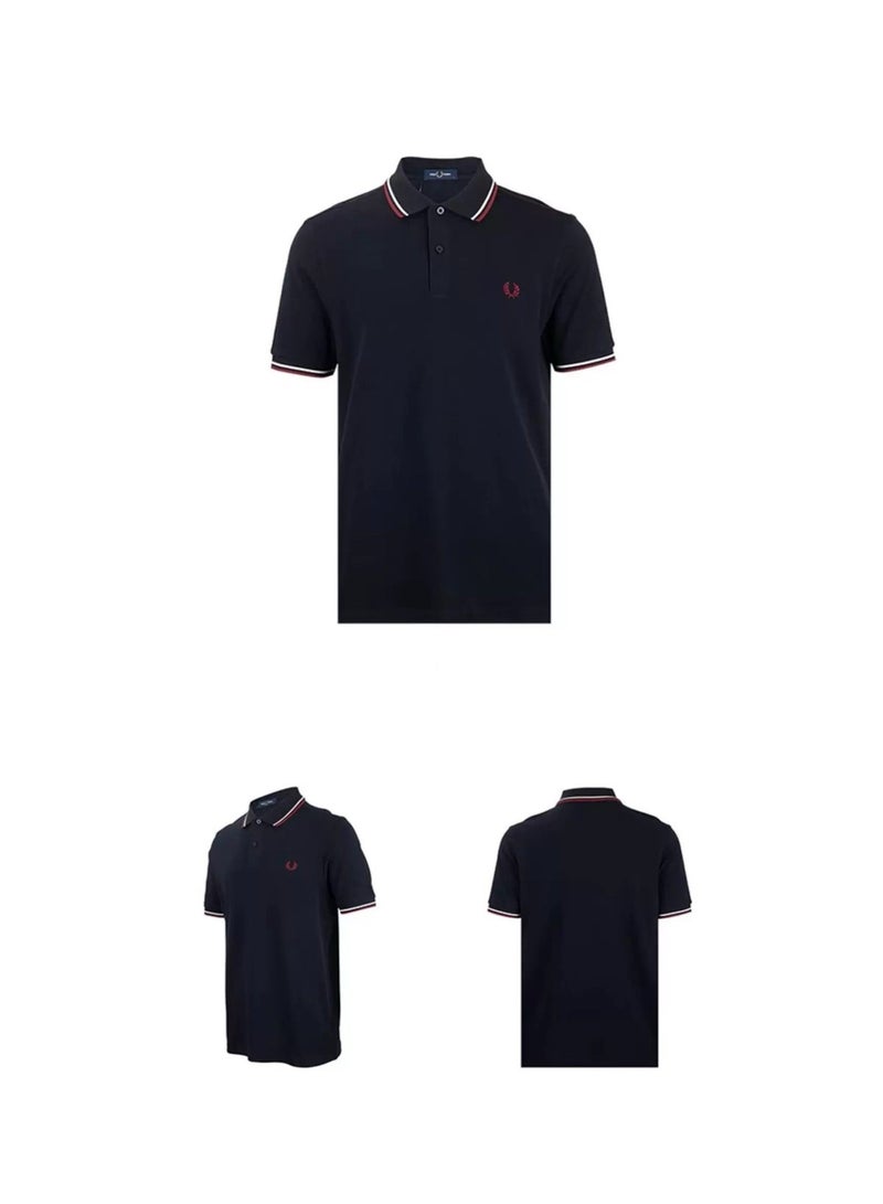 FRED PERRY Slim Fit Men's Polo Shirt Business Casual Short Sleeve Collared Shirt - Navy/Red - Image 3