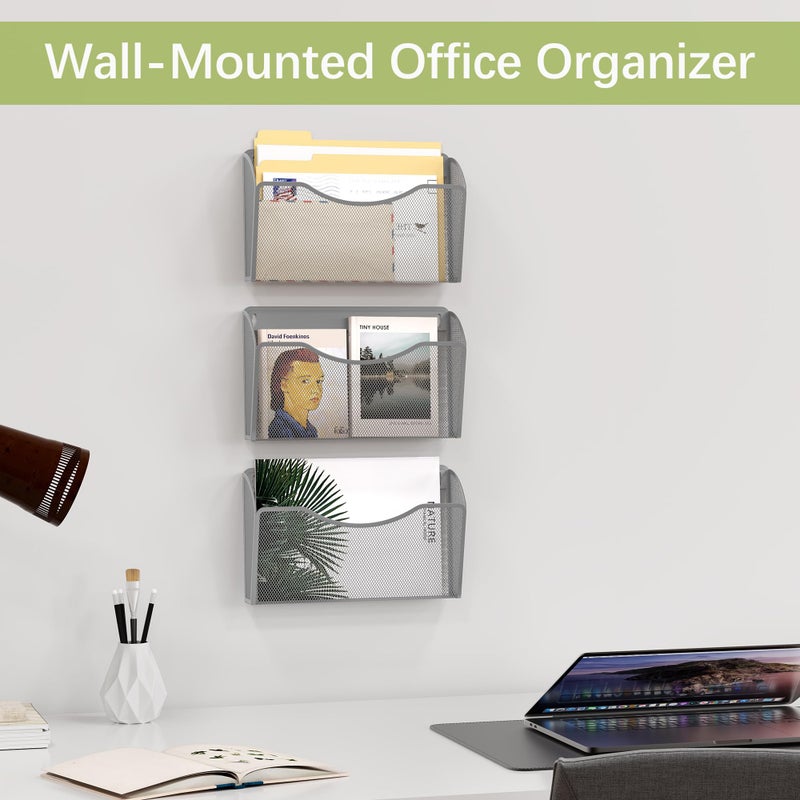EasyPAG 3 Single Pocket Wall File Organizer, Mesh Hanging File Folder Organizer for Letter/A4 Size Folders, Wall Mounted Vertical Mail Holder for Paperwork, Office, Home, School, Silver - Image 3