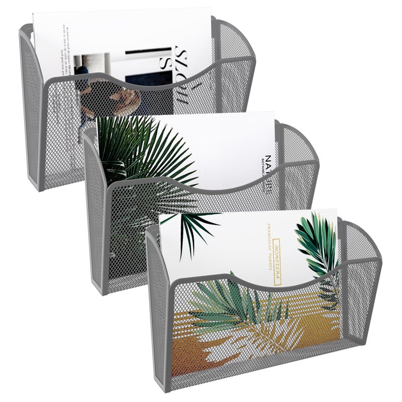 EasyPAG 3 Single Pocket Wall File Organizer, Mesh Hanging File Folder Organizer for Letter/A4 Size Folders, Wall Mounted Vertical Mail Holder for Paperwork, Office, Home, School, Silver - Image 1