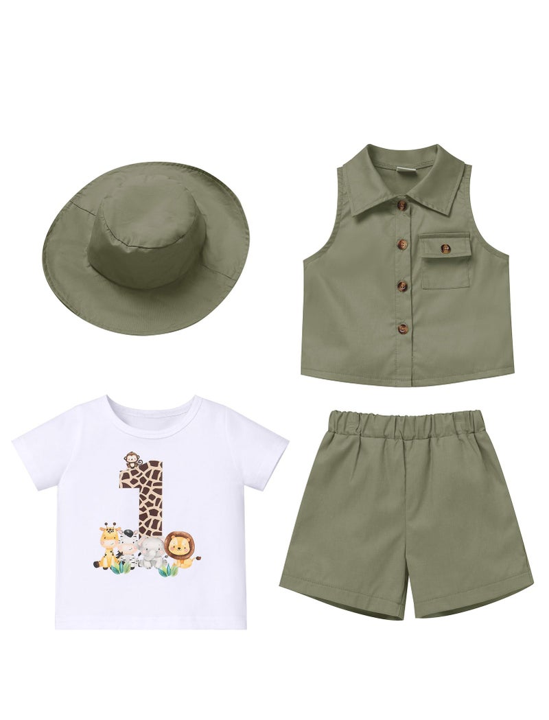 OBEEII Toddler Baby Boy Safari First Birthday Outfit Animal Short Sleeve T-shirt Top+Shorts+Vest+Hat Shorts Set Explorer Zoo Keeper Jungle Baptism Cake Smash Photoshoot Outfit Army Green 12-18 Months - Image 1