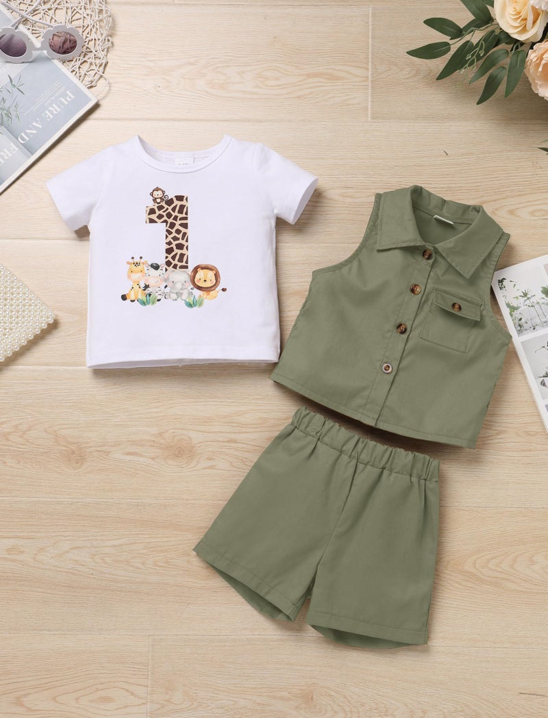 OBEEII Toddler Baby Boy Safari First Birthday Outfit Animal Short Sleeve T-shirt Top+Shorts+Vest+Hat Shorts Set Explorer Zoo Keeper Jungle Baptism Cake Smash Photoshoot Outfit Army Green 12-18 Months - Image 4