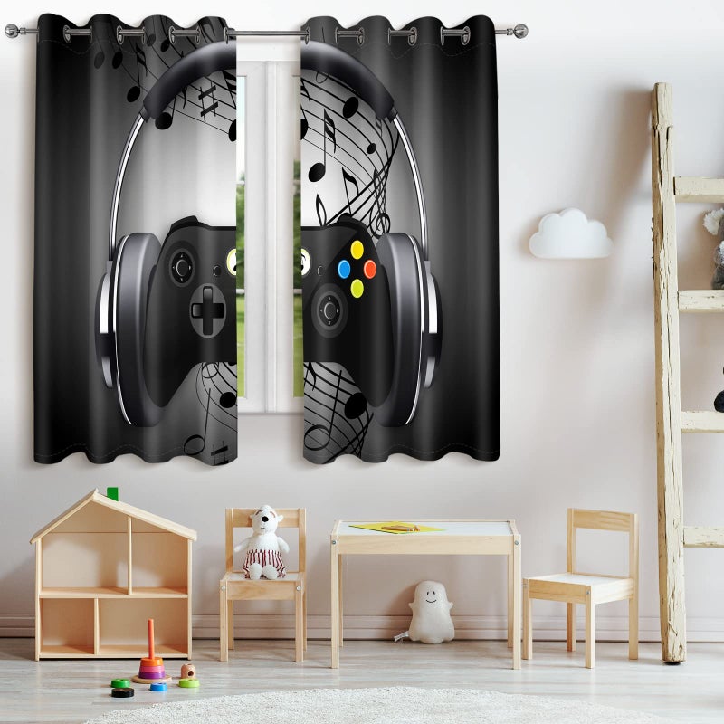 Jekeno Game Controller Blackout Curtains for Kids Boys Bedroom Black Grey Headphones Musical Notes Gamer Gaming Video Games Gamepad Decor Room Darkening Grommet Window Drapes 2 Panel Set  42""x63"" - Image 2