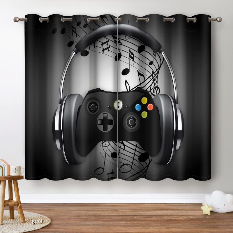 Jekeno Game Controller Blackout Curtains for Kids Boys Bedroom Black Grey Headphones Musical Notes Gamer Gaming Video Games Gamepad Decor Room Darkening Grommet Window Drapes 2 Panel Set  42""x63"" - Image 1
