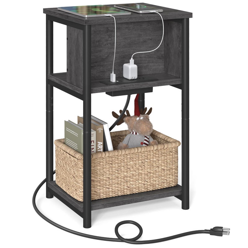 VASAGLE طاولة جانبية VASAGLE مع محطة شحن 3 طبقات طاولة نهاية مع منافذ USB ومخارج طاقة طاولة جانبية لغرفة المعيشة وغرفة النوم 118 × 134 × 228 بوصة سلسلة Plugin رمادي ضبابي وأسود