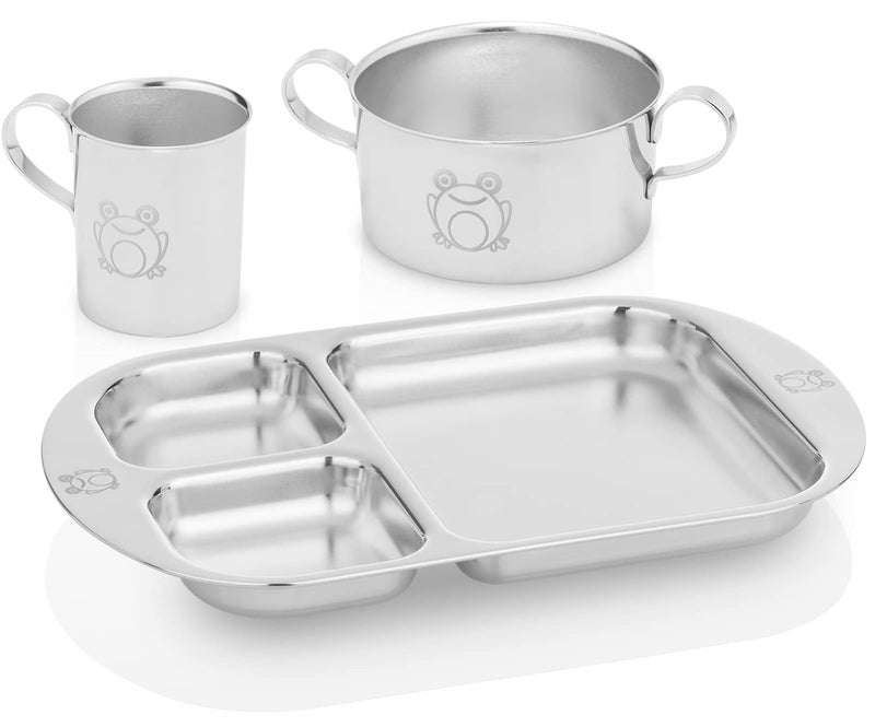 Kiddobloom Childrens Premium Stainless Steel Dinnerware Set  1 Bowl with Handles 1 Cup with Handle  1 Divided Plate  Adorable Frog Design  Perfect for Babies Toddlers  Kids  by Kiddobloom - Image 1