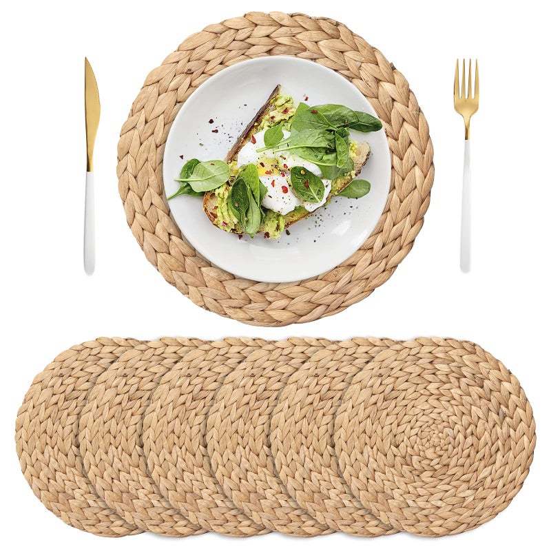6 Pack 118 Woven Placemats Natural HandWoven Water Hyacinth Placemats Round Braided Rattan Tablemats for Dining Table Large Weave Round Place Mats Heat Resistant NonSlip Table Mats 118 Inch