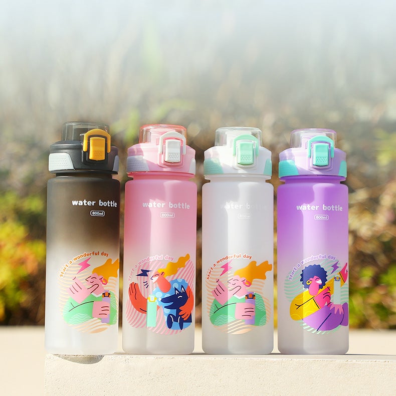Mens Gradient Cycling Water Bottle with Straw Purple cartoon (800ML direct drink)