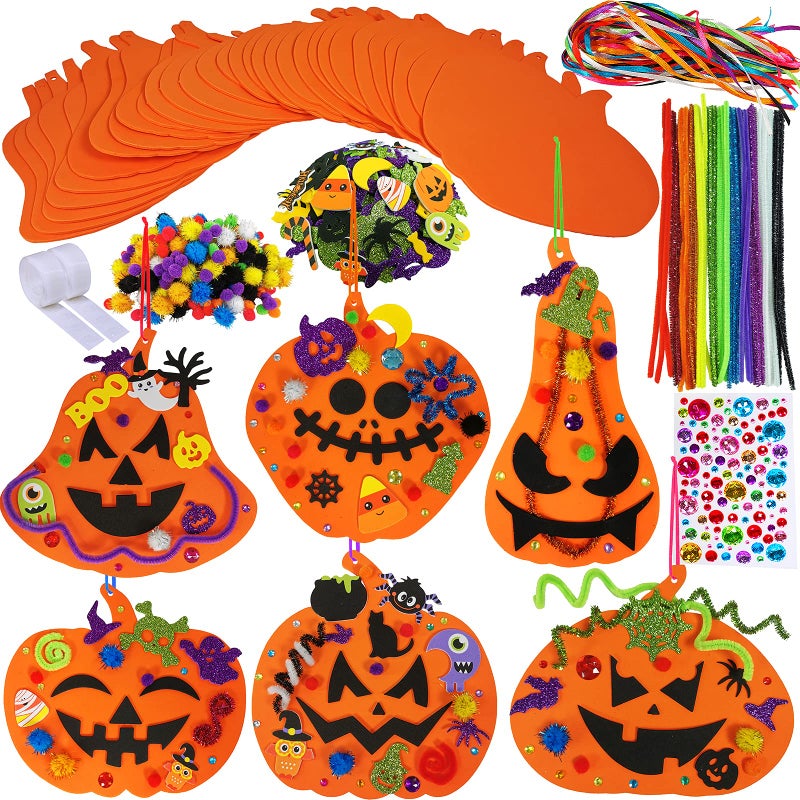 Winlyn 30 Kits Fall Halloween Pumpkin Decorations DIY Pumpkin Craft Kits Foam Pumpkin Shapes with Halloween Stickers JackOLantern Face Stickers for Kids Gift Favors Art Project Classroom Activity - Image 2