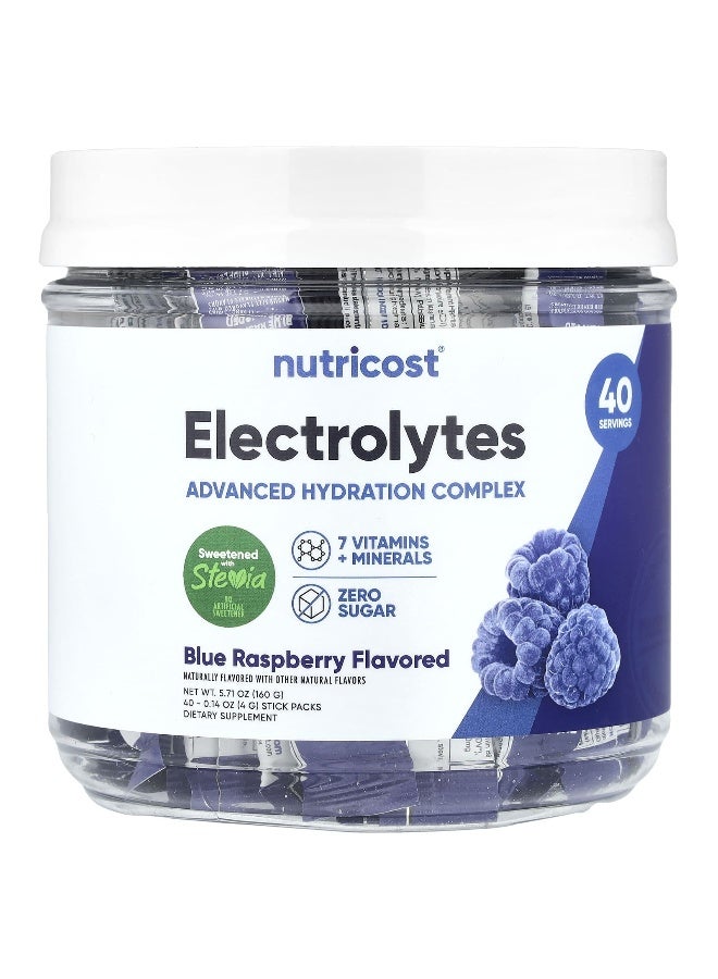 Nutricost, Electrolytes, Advanced Hydration Complex, Blue Raspberry, 40 Stick Packs, 0.14 oz (4 g) Each (Packaging may vary) - Image 1