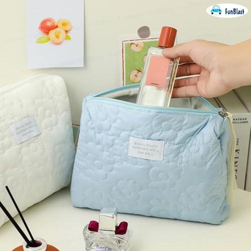FunBlast Makeup Bag Travel Cosmetic Bag Cute Cotton Toiletry Bag Quilted Flower Organizer Bag Large Capacity Handheld Portable Storage Zipper Purse for Women (Blue) - Image 5