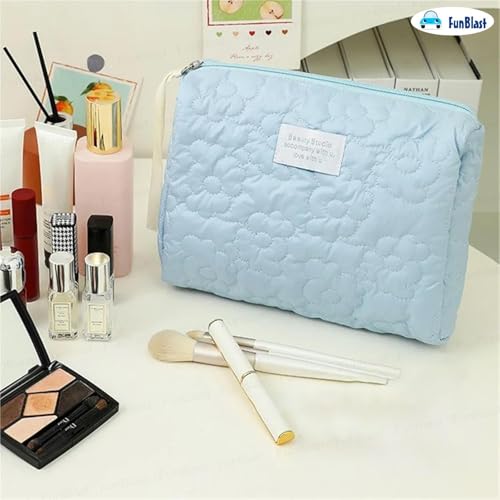 FunBlast Makeup Bag Travel Cosmetic Bag Cute Cotton Toiletry Bag Quilted Flower Organizer Bag Large Capacity Handheld Portable Storage Zipper Purse for Women (Blue) - Image 3