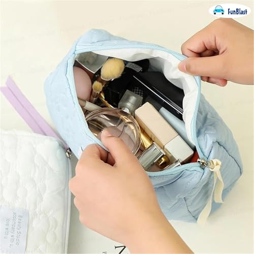FunBlast Makeup Bag Travel Cosmetic Bag Cute Cotton Toiletry Bag Quilted Flower Organizer Bag Large Capacity Handheld Portable Storage Zipper Purse for Women (Blue) - Image 4