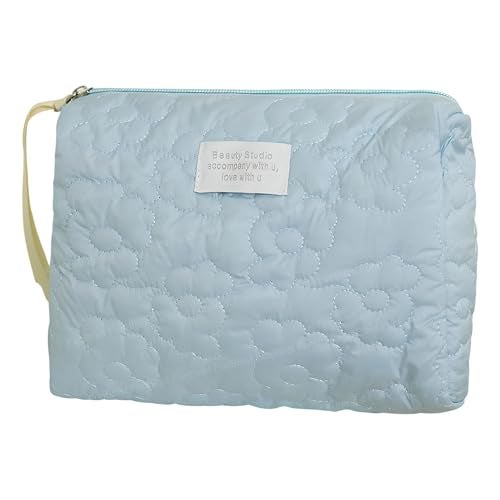 FunBlast Makeup Bag Travel Cosmetic Bag Cute Cotton Toiletry Bag Quilted Flower Organizer Bag Large Capacity Handheld Portable Storage Zipper Purse for Women (Blue) - Image 1