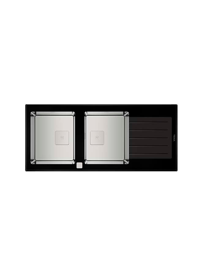 TEKA Auto Inset Pureline Glass Sink With Two Bowls And One Drainer Black Glass 1160x510x200mmmm - Image 1