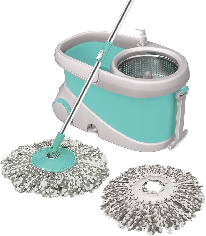 Milton Spotzero by Milton Prime Spin Mop with Big Wheels and Stainless Steel Wringer, Bucket Floor Cleaning and Mopping System,2 Microfiber Refills,Aqua Green Aqua Green