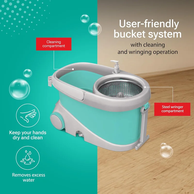 Milton Spotzero by Milton Prime Spin Mop with Big Wheels and Stainless Steel Wringer, Bucket Floor Cleaning and Mopping System,2 Microfiber Refills,Aqua Green Aqua Green