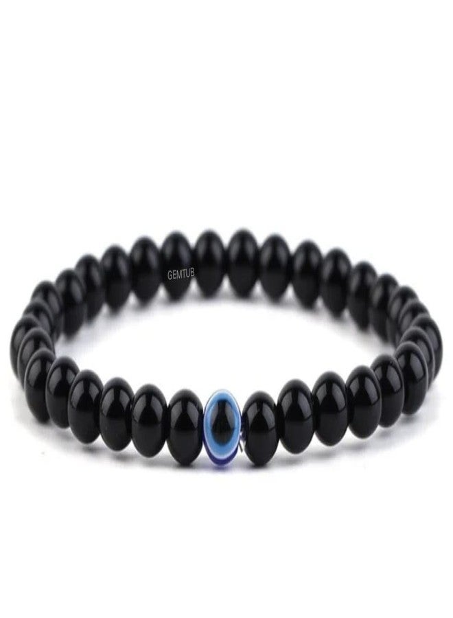 GEMTUB Natural Handcrafted Black Tourmaline Bracelet with Evil Eye for Negativity Removal Protect from Evil Eye for Men and Women (Bead Size 6MM) with - Image 2