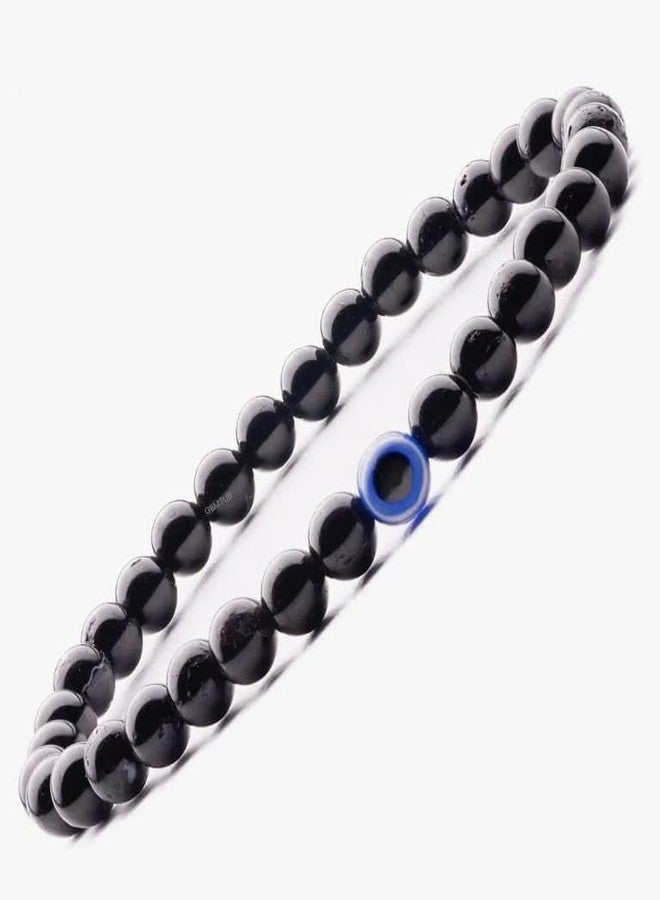 GEMTUB Natural Handcrafted Black Tourmaline Bracelet with Evil Eye for Negativity Removal Protect from Evil Eye for Men and Women (Bead Size 6MM) with - Image 3