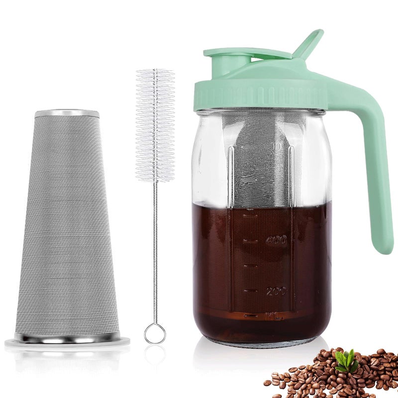 Cold Brew Coffee Maker32 oz Mason Jar Pitcher with Stainless Steel Filter Pour Spout Handle Lid Heavy Duty Glass Airtight  LeakProof Pitcher for iced coffee Tea Breastmilk LemonadeGreen