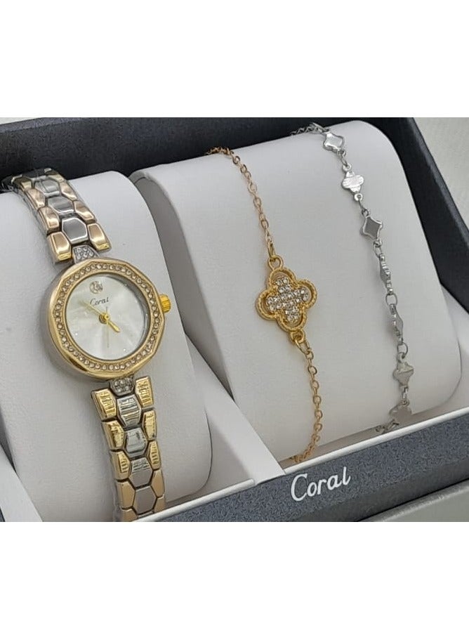 كورال طقم ساعة نسائي ماركة كورال بتصميم انيق مكون من -ساعة - -مع مجموعة اساور
