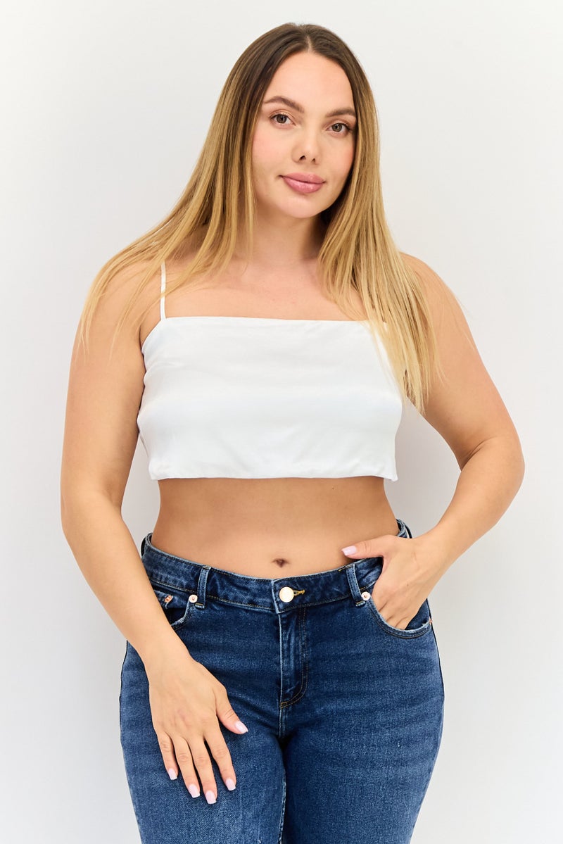 Bershka Women Square Neckline Sleeveless Plain Top, White - Image 1