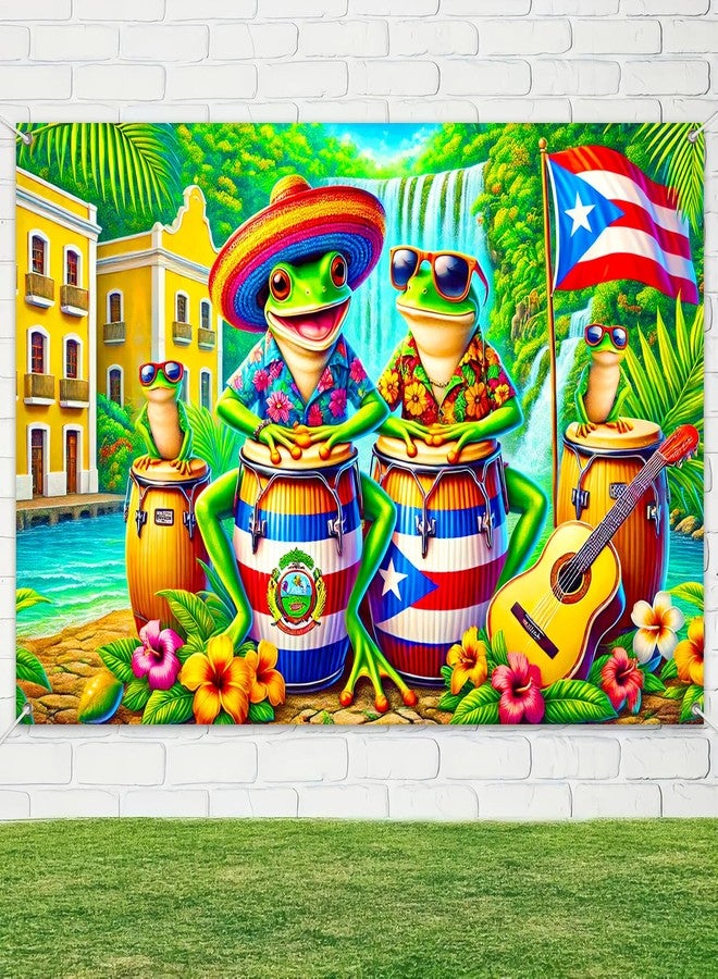 BlissYard Puerto Rico Frog Banner 71x43 Inch Tropical Coqui Drums and Waterfall Backdrop Colorful Island Scene for Caribbean Party Wall Decoration Summer Festival Celebration Display - Image 4