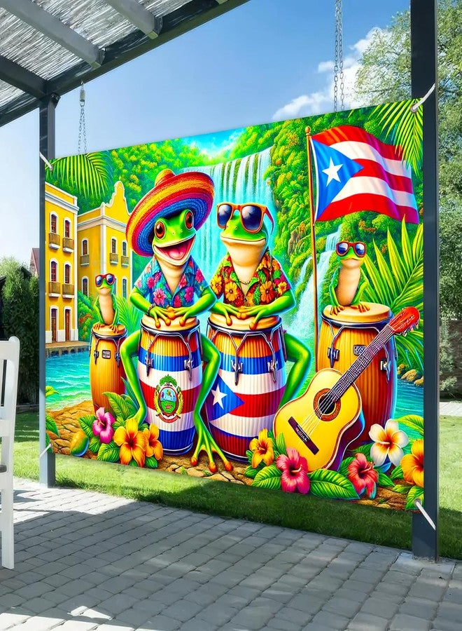 BlissYard Puerto Rico Frog Banner 71x43 Inch Tropical Coqui Drums and Waterfall Backdrop Colorful Island Scene for Caribbean Party Wall Decoration Summer Festival Celebration Display - Image 2