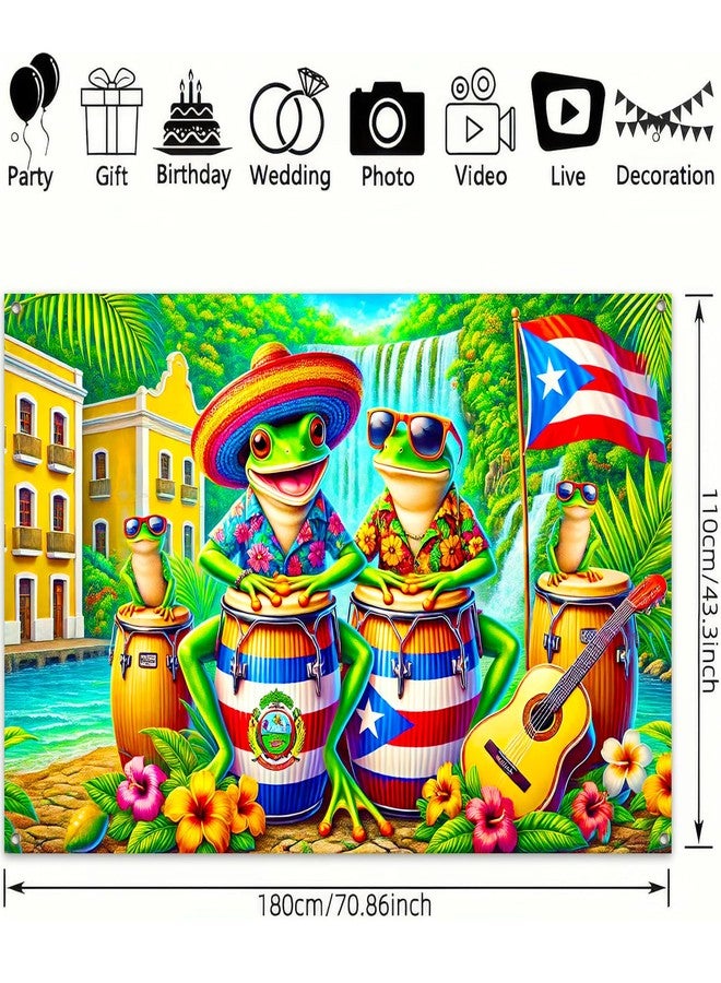 BlissYard Puerto Rico Frog Banner 71x43 Inch Tropical Coqui Drums and Waterfall Backdrop Colorful Island Scene for Caribbean Party Wall Decoration Summer Festival Celebration Display - Image 3