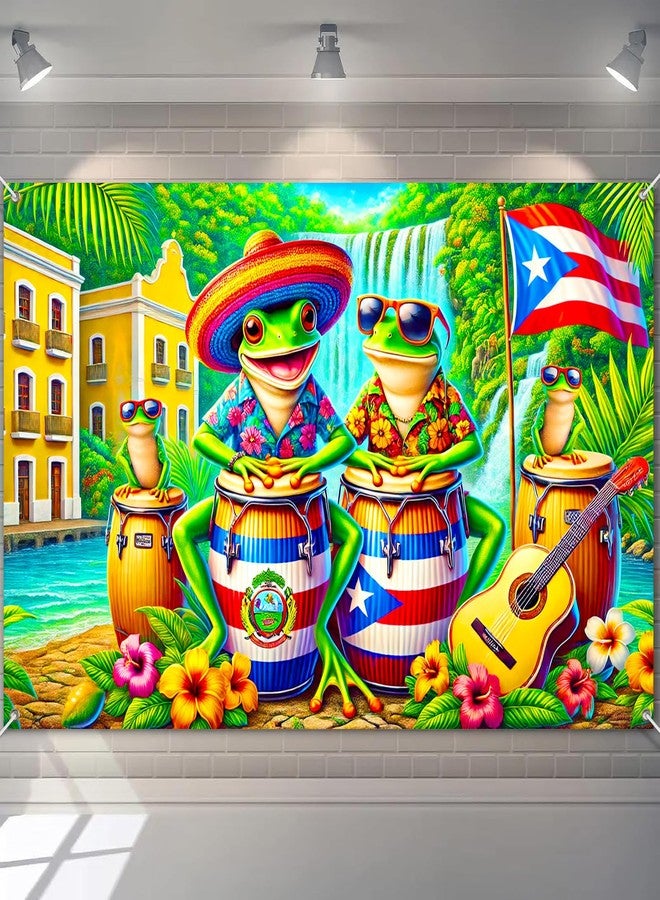 BlissYard Puerto Rico Frog Banner 71x43 Inch Tropical Coqui Drums and Waterfall Backdrop Colorful Island Scene for Caribbean Party Wall Decoration Summer Festival Celebration Display - Image 1