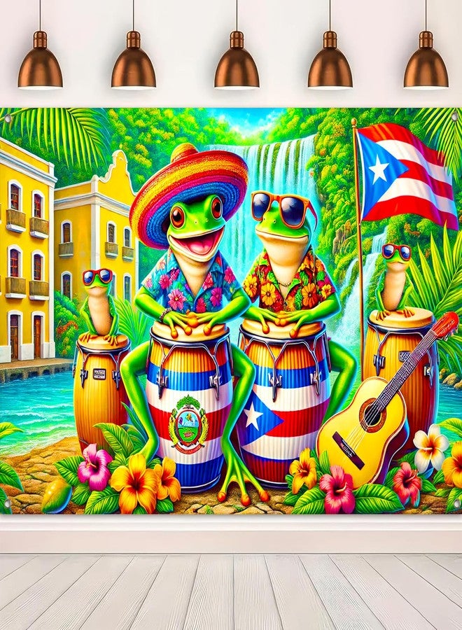 BlissYard Puerto Rico Frog Banner 71x43 Inch Tropical Coqui Drums and Waterfall Backdrop Colorful Island Scene for Caribbean Party Wall Decoration Summer Festival Celebration Display - Image 5