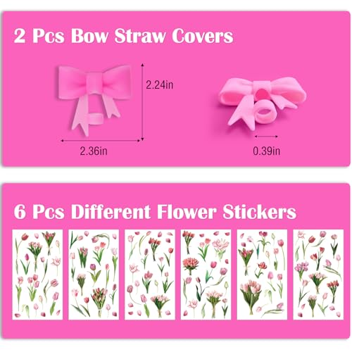 LUHOHI Waterproof Stickers for Stanley Cup- Including 2 Pcs Bow Straw Covers Topper 6pcs Flowers Stickers Decals for Stanley Cup Love Shack Fancy Tumblers Water Bottle Accessories Tulip-red - Image 4