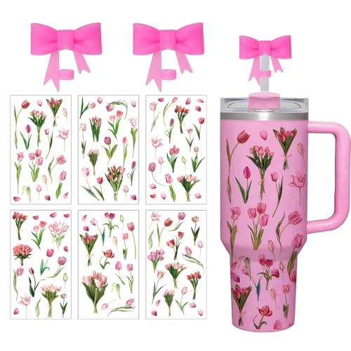 LUHOHI Waterproof Stickers for Stanley Cup- Including 2 Pcs Bow Straw Covers Topper 6pcs Flowers Stickers Decals for Stanley Cup Love Shack Fancy Tumblers Water Bottle Accessories Tulip-red - Image 1
