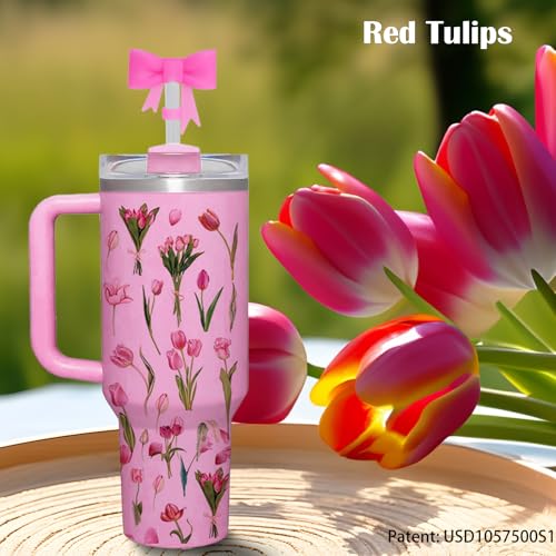 LUHOHI Waterproof Stickers for Stanley Cup- Including 2 Pcs Bow Straw Covers Topper 6pcs Flowers Stickers Decals for Stanley Cup Love Shack Fancy Tumblers Water Bottle Accessories Tulip-red - Image 2