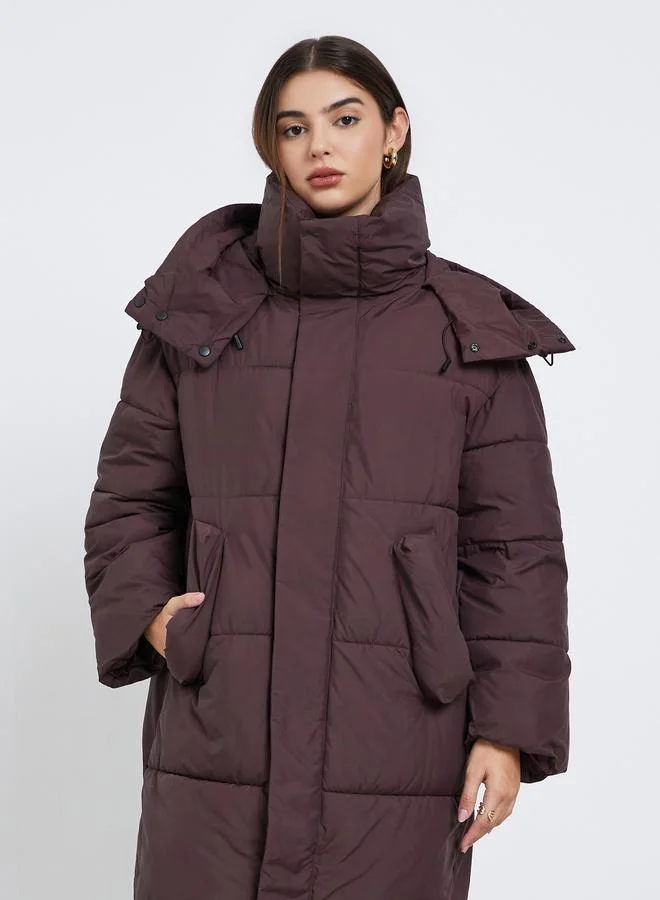 ستايلي معطف مبطن ميدي واسع سادة بغطاء رأس