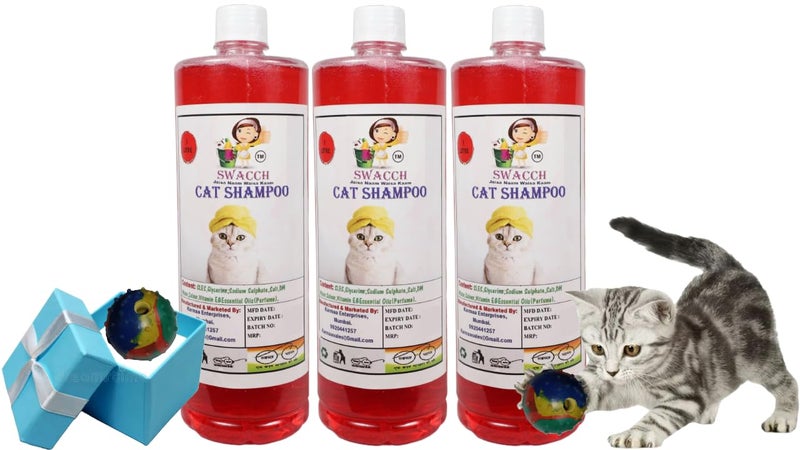 swacch Cat Shampoo + Rubber Musical Ball I Chew Playing Rubber Ball I Interactive Cat Toy Balls I Training & Play I Combo Pack I 1 Litre Pack of 3 Jasmine - Image 1
