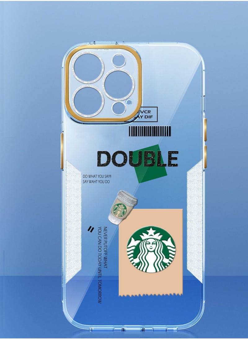 Starbucks - Starbucks Series High Quality Square Edge Cover Full Lens Protective Transparent TPU Case With Stickers For Apple iPhone 14 Pro Max Gold - Image 1