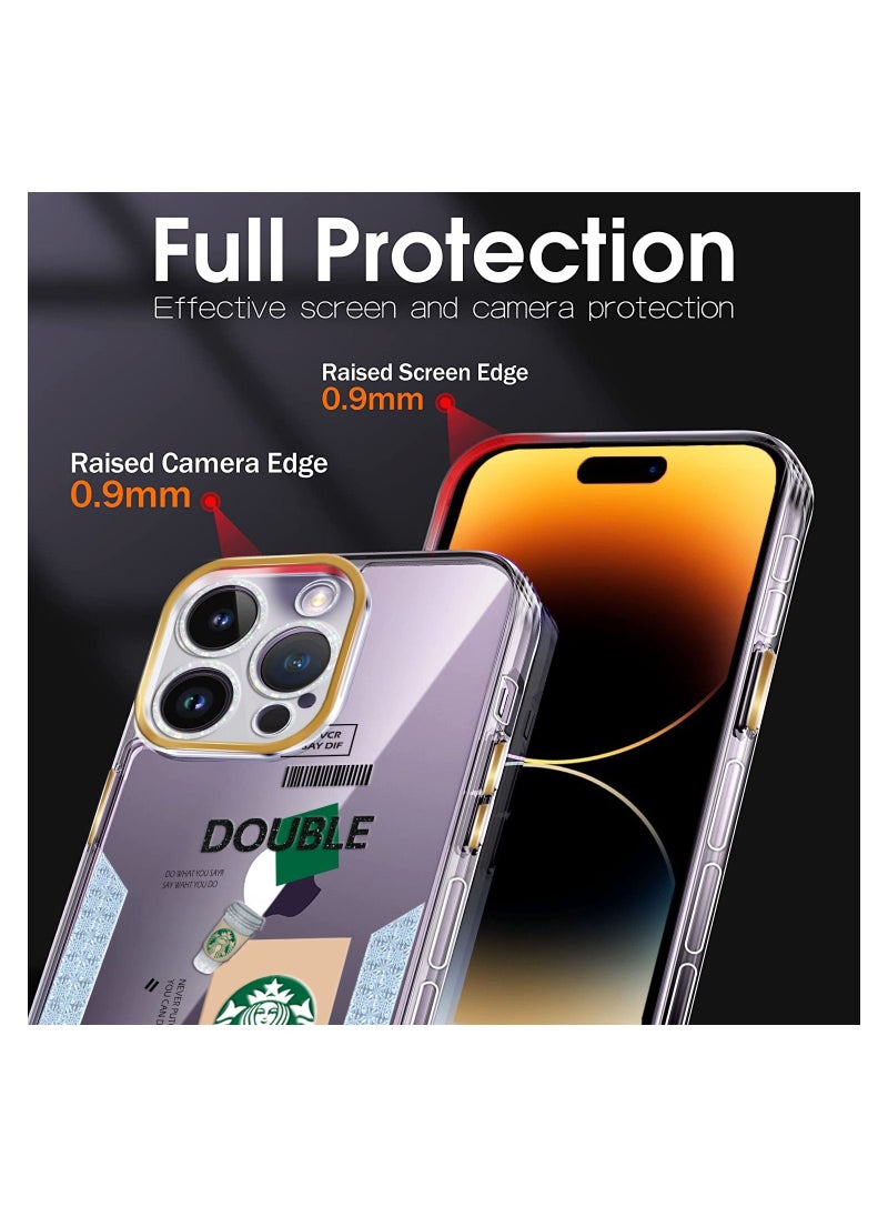 Starbucks - Starbucks Series High Quality Square Edge Cover Full Lens Protective Transparent TPU Case With Stickers For Apple iPhone 14 Pro Max Gold - Image 1