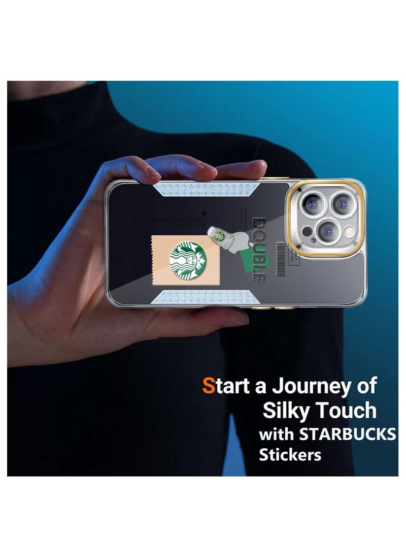 Starbucks - Starbucks Series High Quality Square Edge Cover Full Lens Protective Transparent TPU Case With Stickers For Apple iPhone 14 Pro Max Gold - Image 1