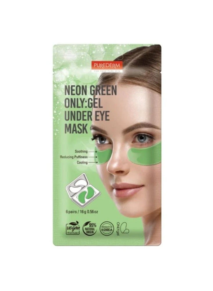Purederm Neon Green Gel Under Eye Mask with Aloe, 6 Pairs