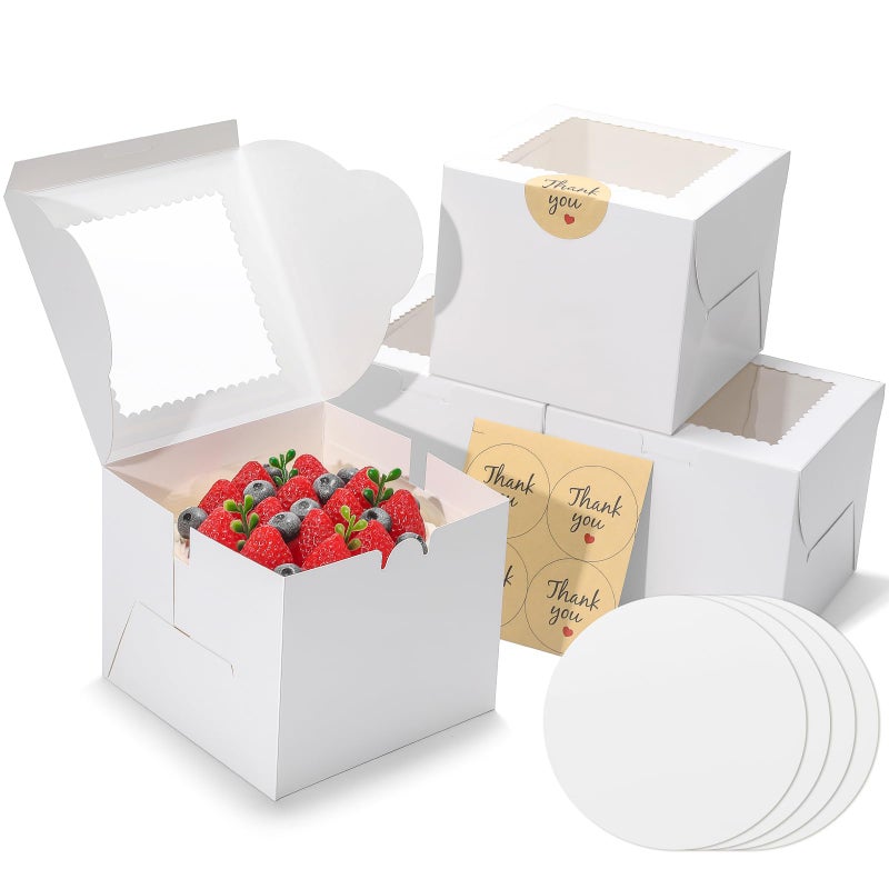 EQOREIIN 4pcs 6 Inch Cake Boxes with Sticks and Boards for Cookies, Small Cakes, Mini Desserts, Bento, and Bakery, Cupcake Box for Birthday, Party, Wedding, Mother's Day, Christmasï¼ˆ6x6x5 inchï¼‰ - Image 1