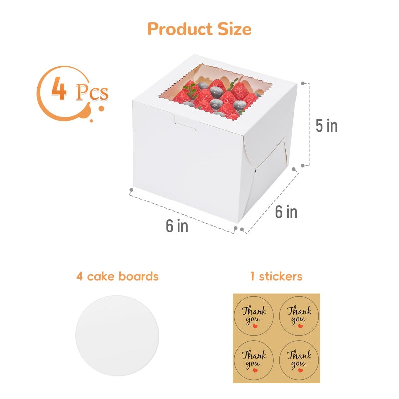 EQOREIIN 4pcs 6 Inch Cake Boxes with Sticks and Boards for Cookies, Small Cakes, Mini Desserts, Bento, and Bakery, Cupcake Box for Birthday, Party, Wedding, Mother's Day, Christmasï¼ˆ6x6x5 inchï¼‰ - Image 3
