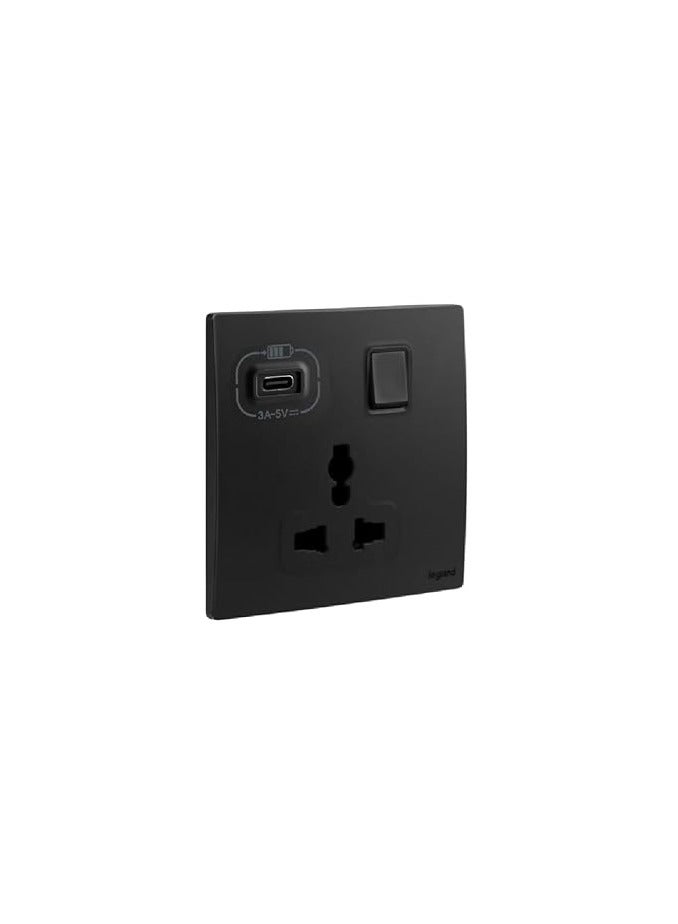 Legrand Mallia Senses 1 gang Multistandard switched socket with USB Type C Matt Black